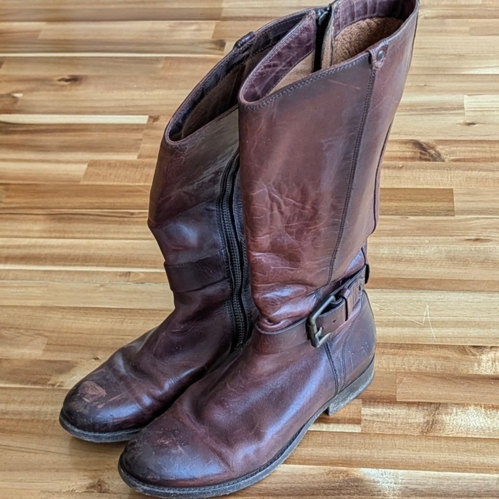 Frye Tall Leather Boots Brown‎ Moto Equestrian Buckle Zip Size 5.5 - Picture 2 of 11